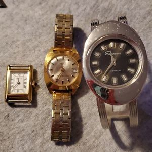 Lot of 3 Antique Wind Up Watches‎ Timex Date & Supreme Bangle Watch Silver Gold